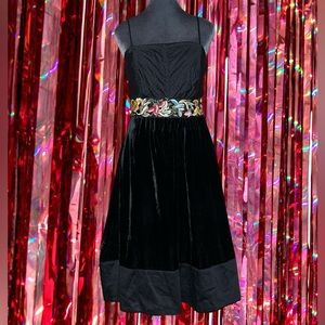 Floreat Black Velvet Strapless Dress with Embroidered Floral Belt